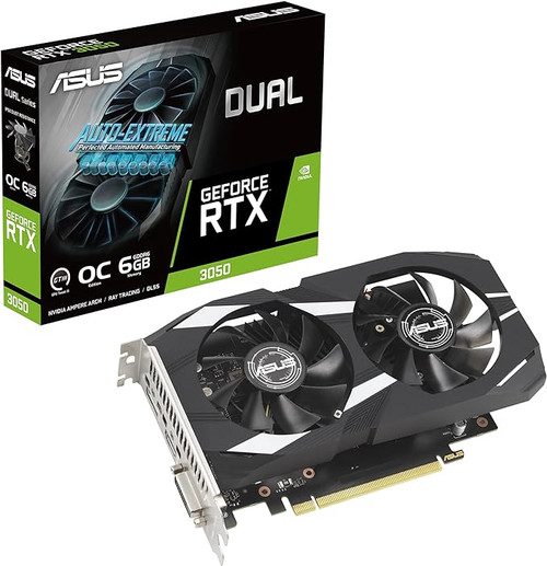 ASUS Dual NVIDIA GeForce RTX 3050 6GB OC Edition Gaming Graphics Card - PCIe 4.0, 6GB GDDR6 Memory, HDMI 2.1, DisplayPort 1.4a, 2-Slot Design, Axial-tech Fan Design, 0dB Technology, Steel Bracket