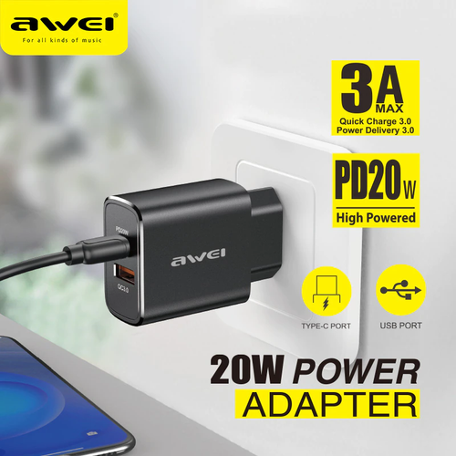 AWEI PD7 20W PD Fast Charger Type-C and USB UK EU Adapter Quick Charge 3.0 Fast Charging Phone Charger