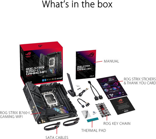 ASUS ROG Strix B760-I Gaming WiFi Intel® B760(13th and 12th Gen)LGA 1700 mini-ITX motherboard,8 + 1 power stages,DDR5 up to 7600 MT/s, PCIe 5.0,2xM.2 slots,WiFi 6E,USB 3.2 Gen 2x2 Type-C,Aura Sync RGB