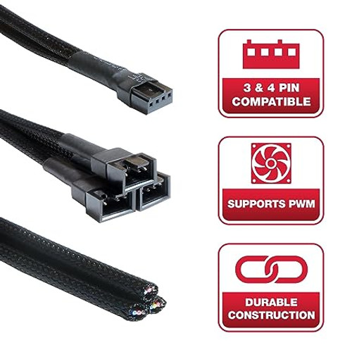 PC Fan Splitter Extension Cable - 1 to 3 PWM Fan Splitter Compatible with 3 & 4 Pin PC Cooling Fans, 10.5 inch Black Braided Nylon Cable