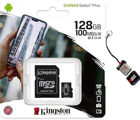 Kingston Canvas Select 128GB MicroSD XC Class 10 Memory Card UHS-I TF 80MB/s SDCS2/128GB with Mini MemoryMarket MicroSD Memory Card Reader