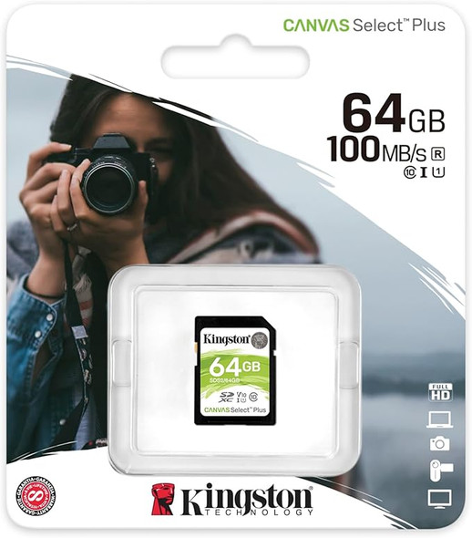 Kingston 64GB Canvas Select Plus SDXC Card | Up to 100MB/s | Class 10 UHS-I U1 V10 | SDS2/64GB