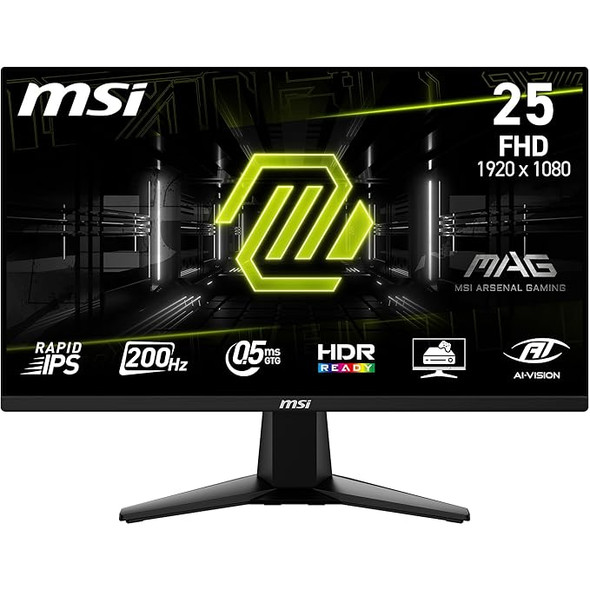 MSI MAG 255F E20 25-inch 1920 x 1080 (FHD) Gaming Monitor, 200Hz, Adaptive-Synch, HDMI, DisplayPort, VESA Mountable, Tilt, Height Adjustable, Speaker, 0.5ms, Black