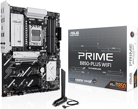 ASUS Prime B850-PLUS WiFi AMD AM5 AMD B850 ATX Motherboard, DDR5, PCIe 5.0 Ready, 3X M.2, Wi-Fi 6E, 2.5Gb LAN, DisplayPort, HDMITM, USB 10Gbps Type-A & Type-C®, BIOS FlashbackTM, Aura Sync, AI Advisor