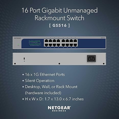 NETGEAR GS516 16-Port Gigabit Ethernet Unmanaged Switch – Desktop, Wall, or Rackmount