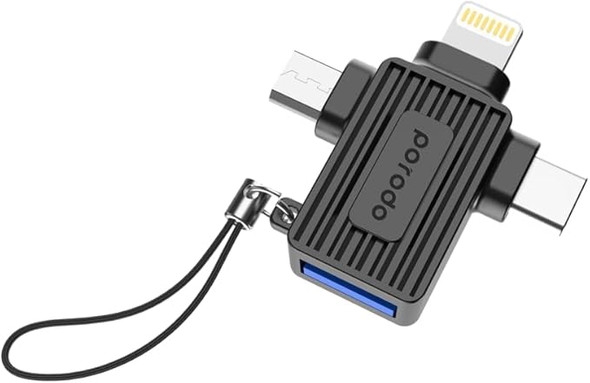 6849108447430 Porodo USB A To Lightning Micro And Type-C Adapter - Black