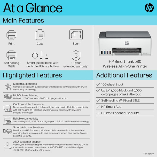 HP 580 Smart Tank All-in-one WiFi Colour with 1 Extra Black Ink Bottle(Upto 12000 Black and 6000 Colour Prints)