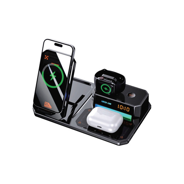 Green Lion 6-in-1 Multifunctional Wireless Charger Phone Charger Earbuds Charger Watch Chahrger Speaker Digital Clock RGB Light 15W Max Bluetooth Version 5.3
