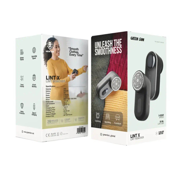 Green Lion Lint X Lint Remover, 7200 RPM Speed, 800mAh Battery, Travel-Friendly - Black