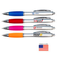 Contour Silver Barrel Ballpoint Pen with Chrome Trim and Colored Soft Grip