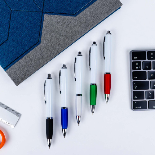 Contour White Barrel Ballpoint Pen with Chrome Trim and Colored Soft Grip