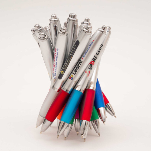 Contour Silver Barrel Ballpoint Pen with Chrome Trim and Colored Soft Grip