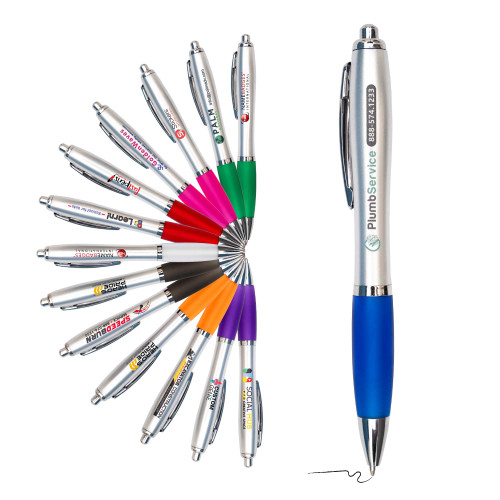 Contour Silver Barrel Ballpoint Pen with Chrome Trim and Colored Soft Grip
