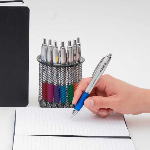 Contour Silver Barrel Ballpoint Pen with Chrome Trim and Colored Soft Grip