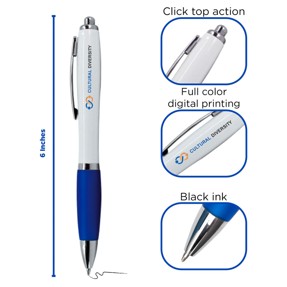 Contour White Barrel Ballpoint Pen with Chrome Trim and Colored Soft Grip