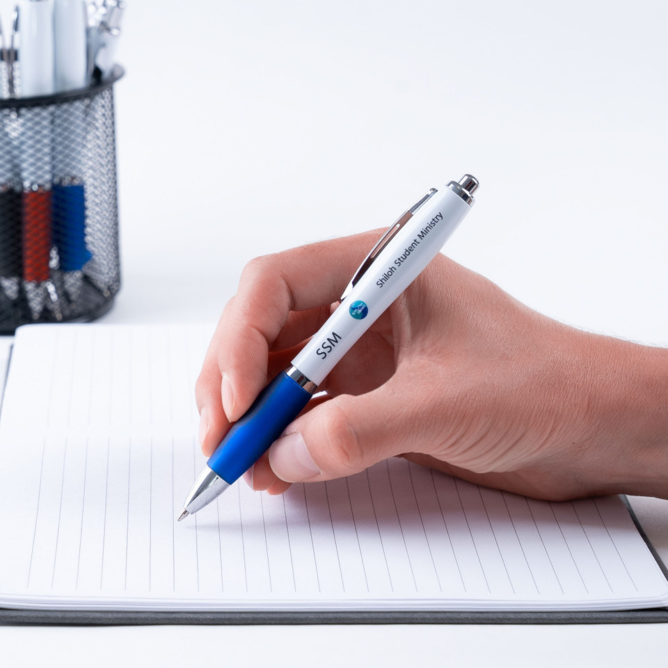Contour White Barrel Ballpoint Pen with Chrome Trim and Colored Soft Grip