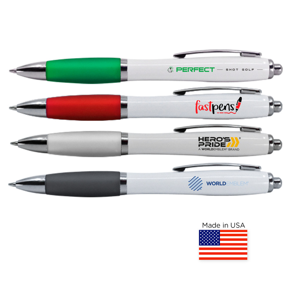 Contour White Barrel Ballpoint Pen with Chrome Trim and Colored Soft Grip