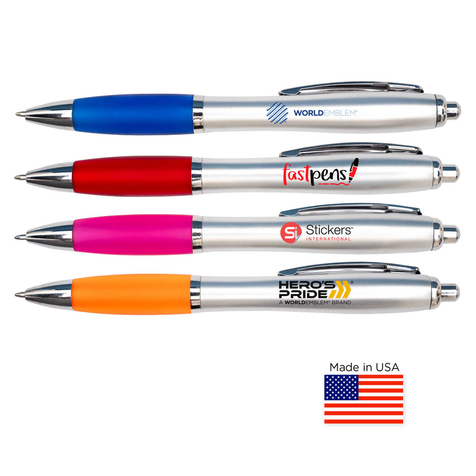 Contour Silver Barrel Ballpoint Pen with Chrome Trim and Colored Soft Grip