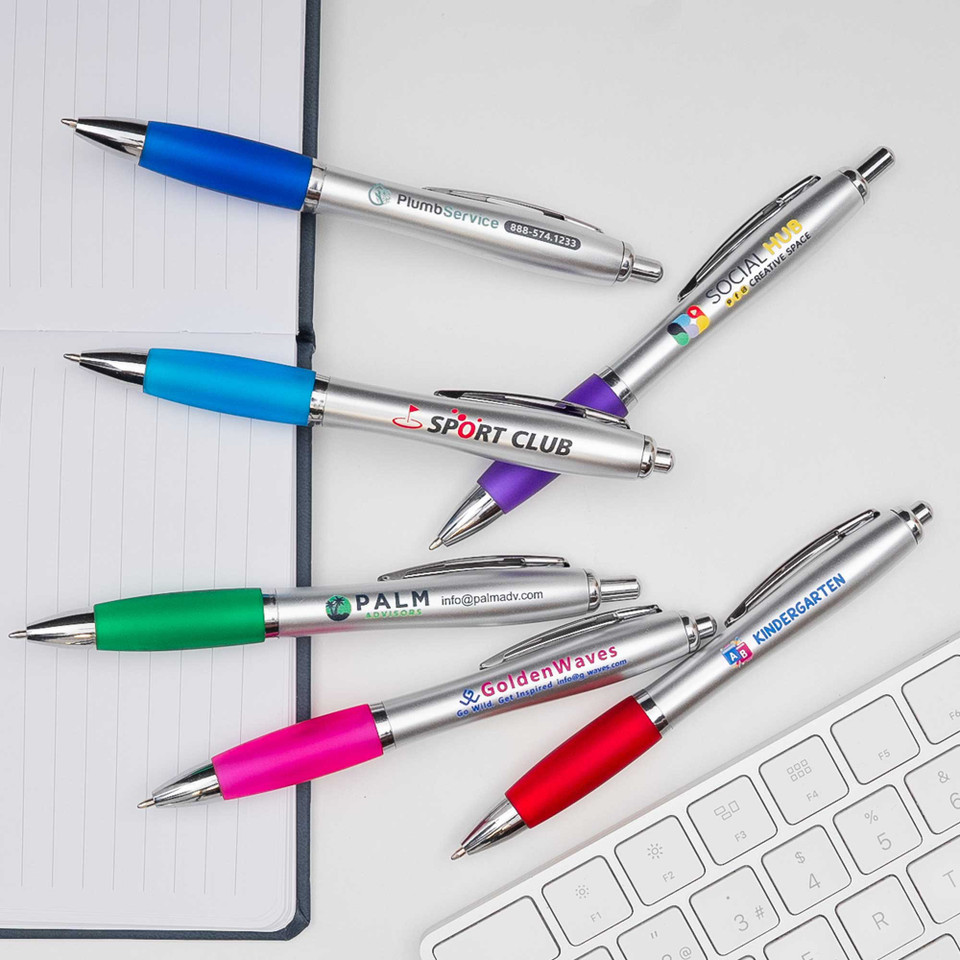 Contour Silver Barrel Ballpoint Pen with Chrome Trim and Colored Soft Grip