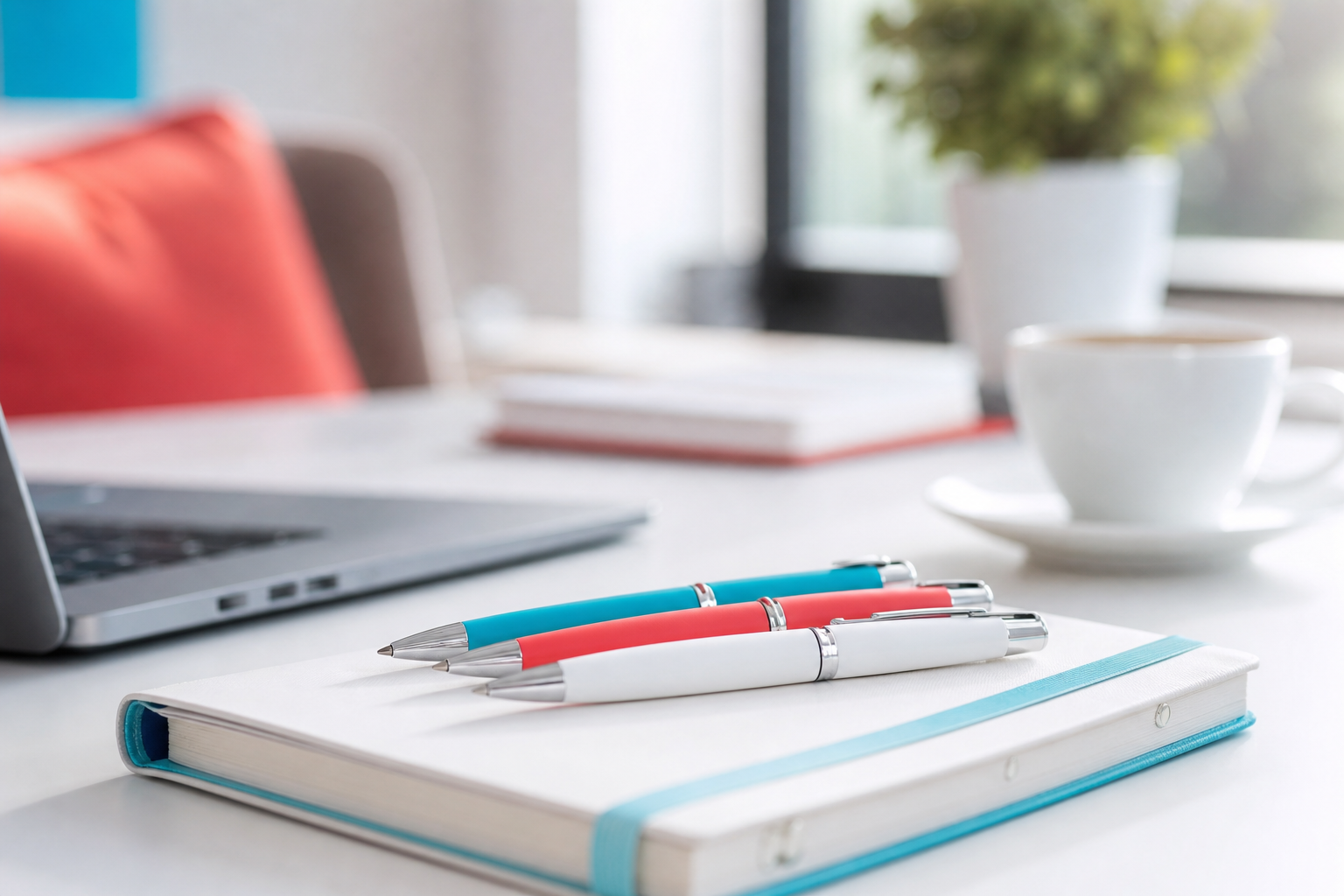 Branded pens on a notebook at a modern office desk