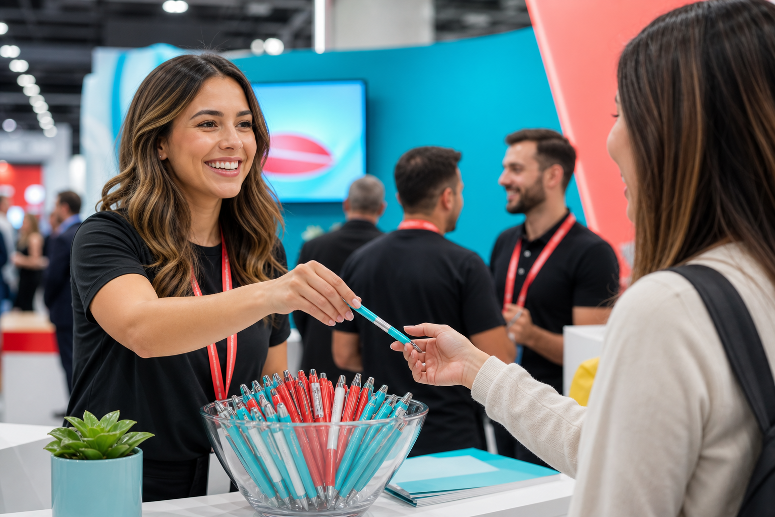 Branded custom pens handed out at a trade-show booth