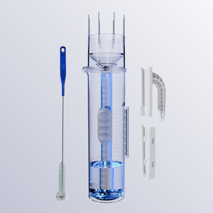 The TROPO Precipitation gauge fully assembled with the outer tube, inner tube, cap, handle, mounting bracket and cleaning brush.