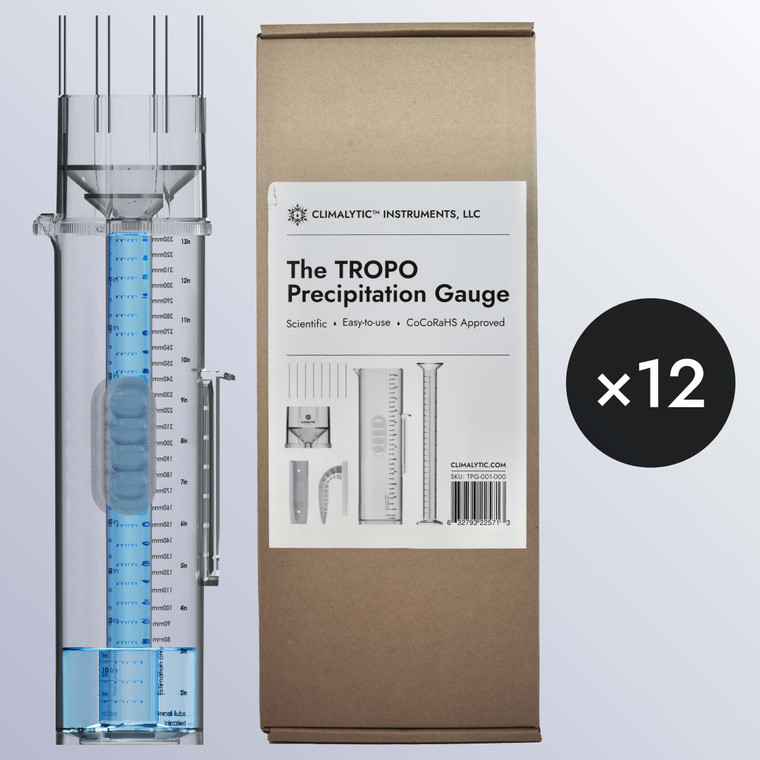 A case of 12 individually packaged TROPO Precipitation Gauges.