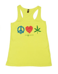 Embrace Your Free Spirit with Our Vibrant Peace, Love, and Herb Ladies Racerback Tank Top - Color Neon Yellow