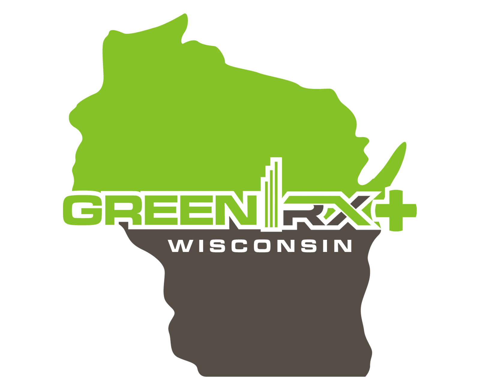 GreenRX&trade; Wisconsin logo &mdash; green and gray state of Wisconsin silhouette with GreenRX+ branding representing Wisconsin cannabis dispensaries