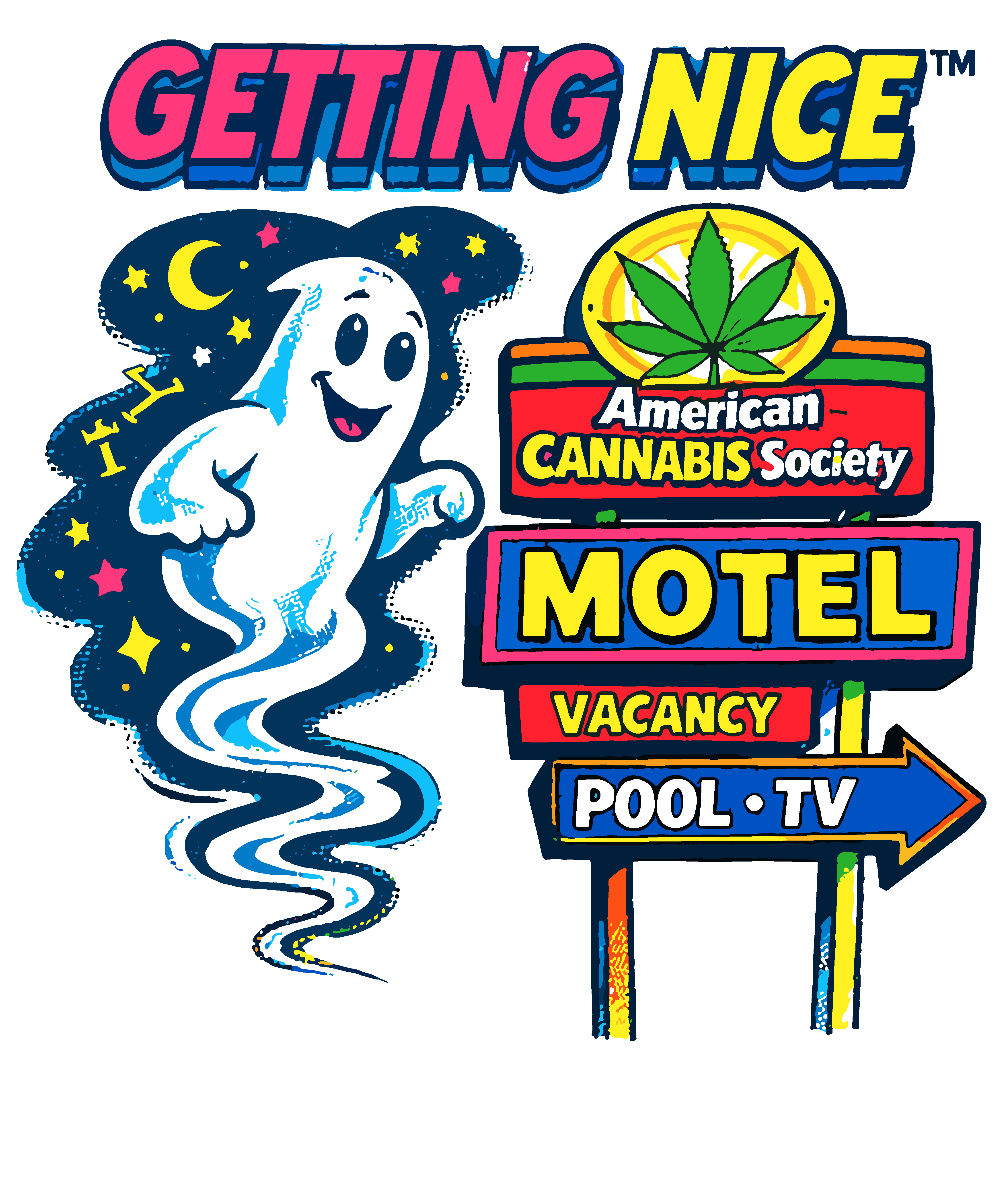 Getting Nice American Cannabis Society motel sign graphic, a THCFactor.com cannabis apparel design