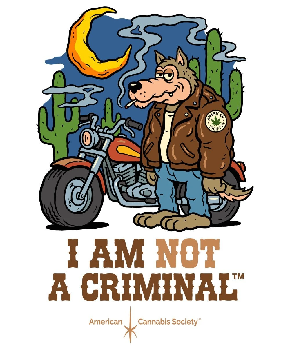 I Am Not A Criminal™ biker wolf stoner shirt by the American Cannabis Society® with motorcycle and desert moon