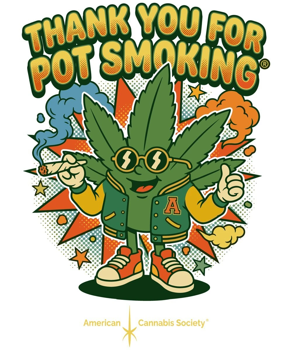 Thank You For Pot Smoking® retro cartoon stoner shirt with cannabis leaf mascot in varsity jacket and sunglasses