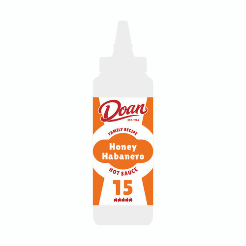 Doan 15 Honey Habanero Hot Sauce bottle, sweet honey chili sauce with medium fruity heat