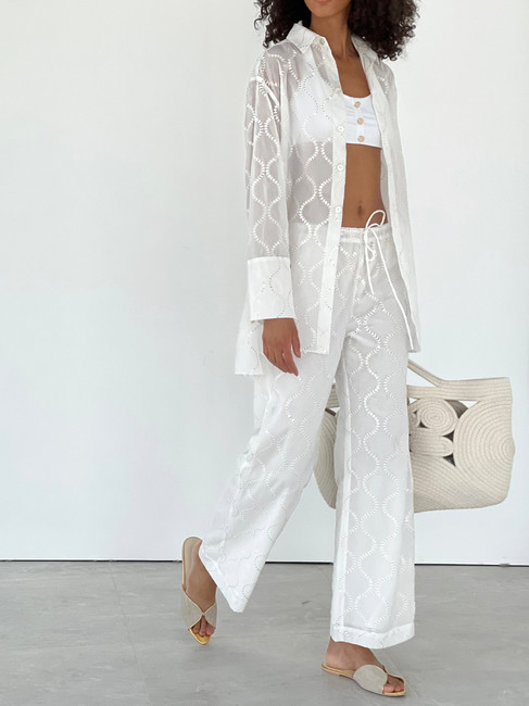 Evie Cotton Embroidery & Sequin Trouser | Ivory