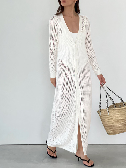 Leah Knitted Button Down Vacay Dress | White