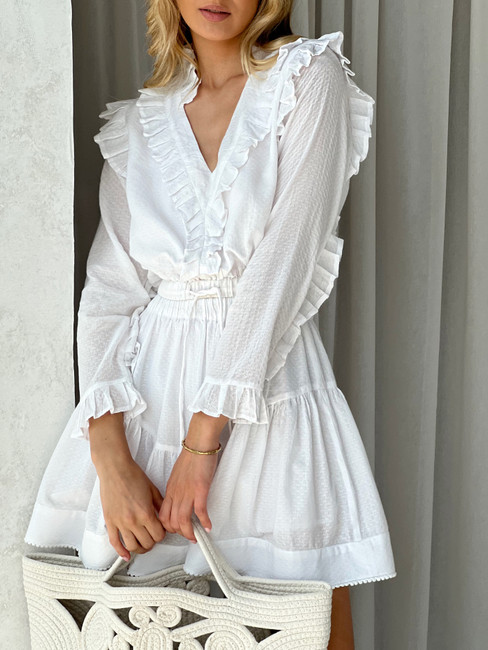 Anais Frill Cotton Textured Blouse | White
