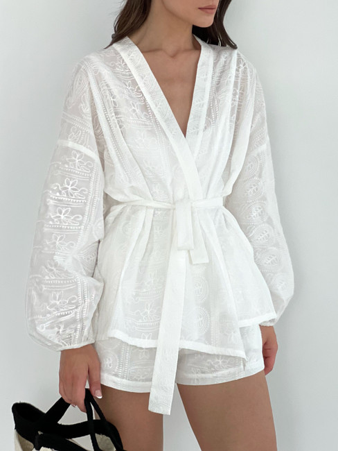 Farrah Cotton Embroidered Wrap Top | White