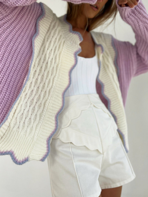 Fancy Contrast Cardigan | Cream & Lilac