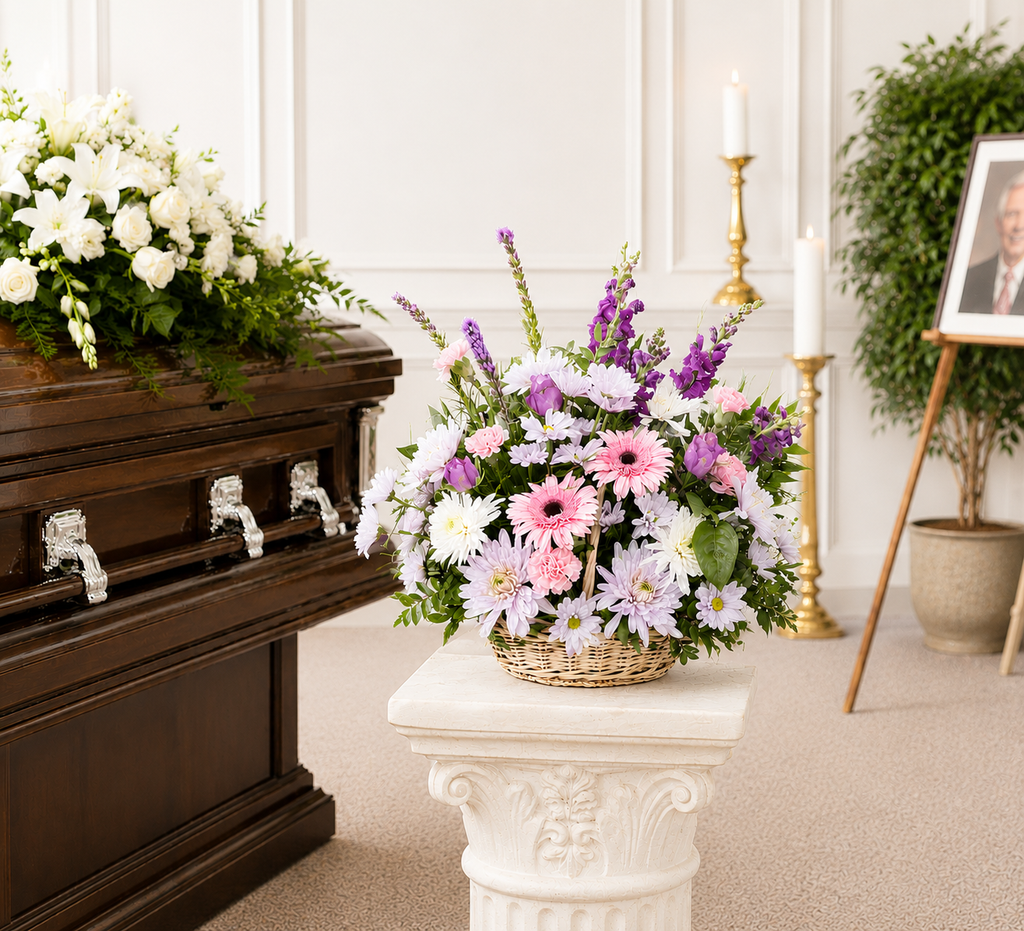 Funeral basket arrangement for memorial services and celebrations of life, available from Wendy's Flowers in Gilbertsville, PA.
