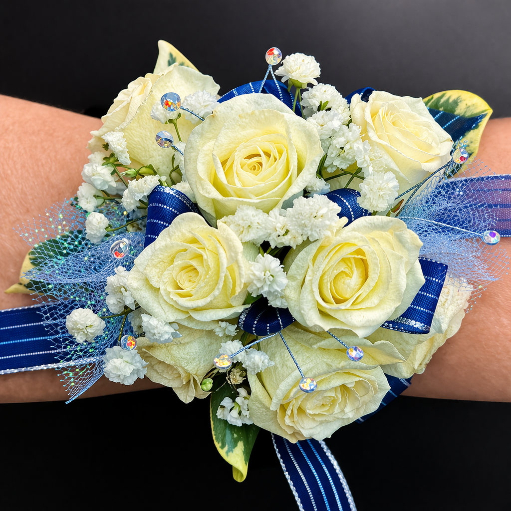 Rose wristlet corsage on wrist for formal dance