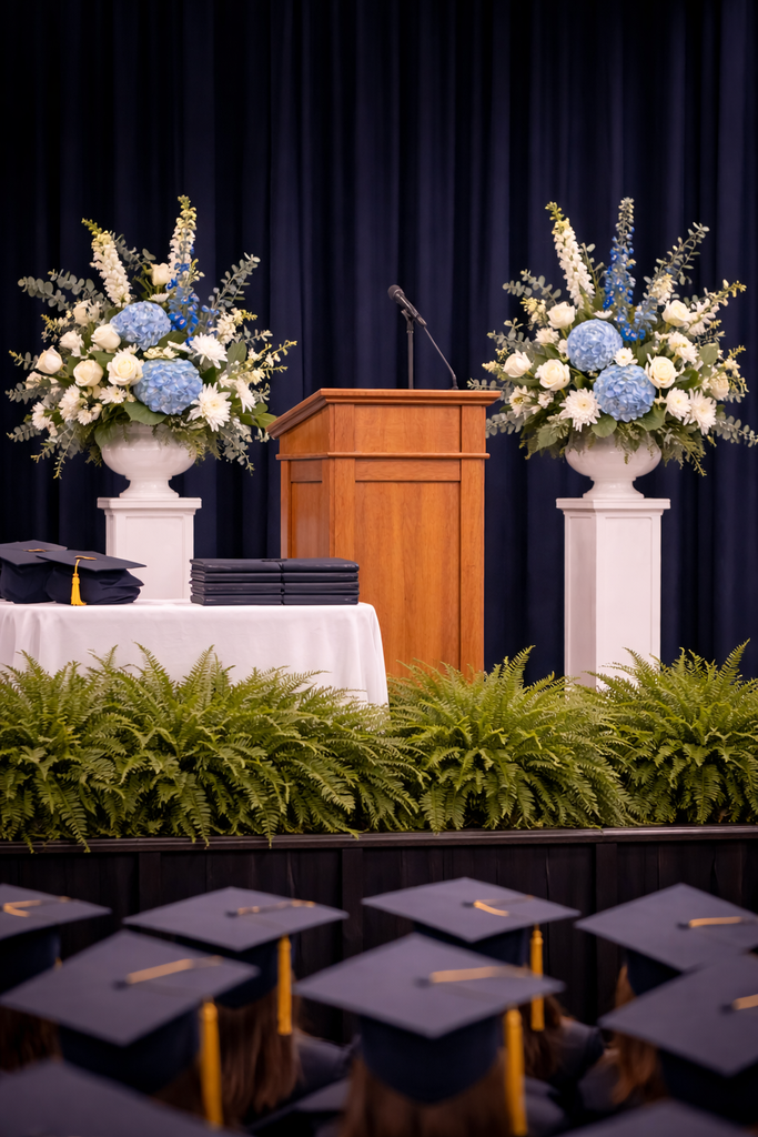 graduation pedestal floral arrangement with hydrangea and roses for ceremony décor