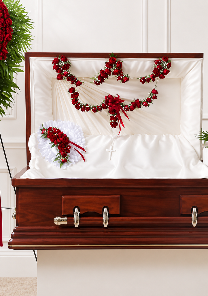Handcrafted funeral rosary made with fresh roses displayed for a memorial service in Gilbertsville, PA