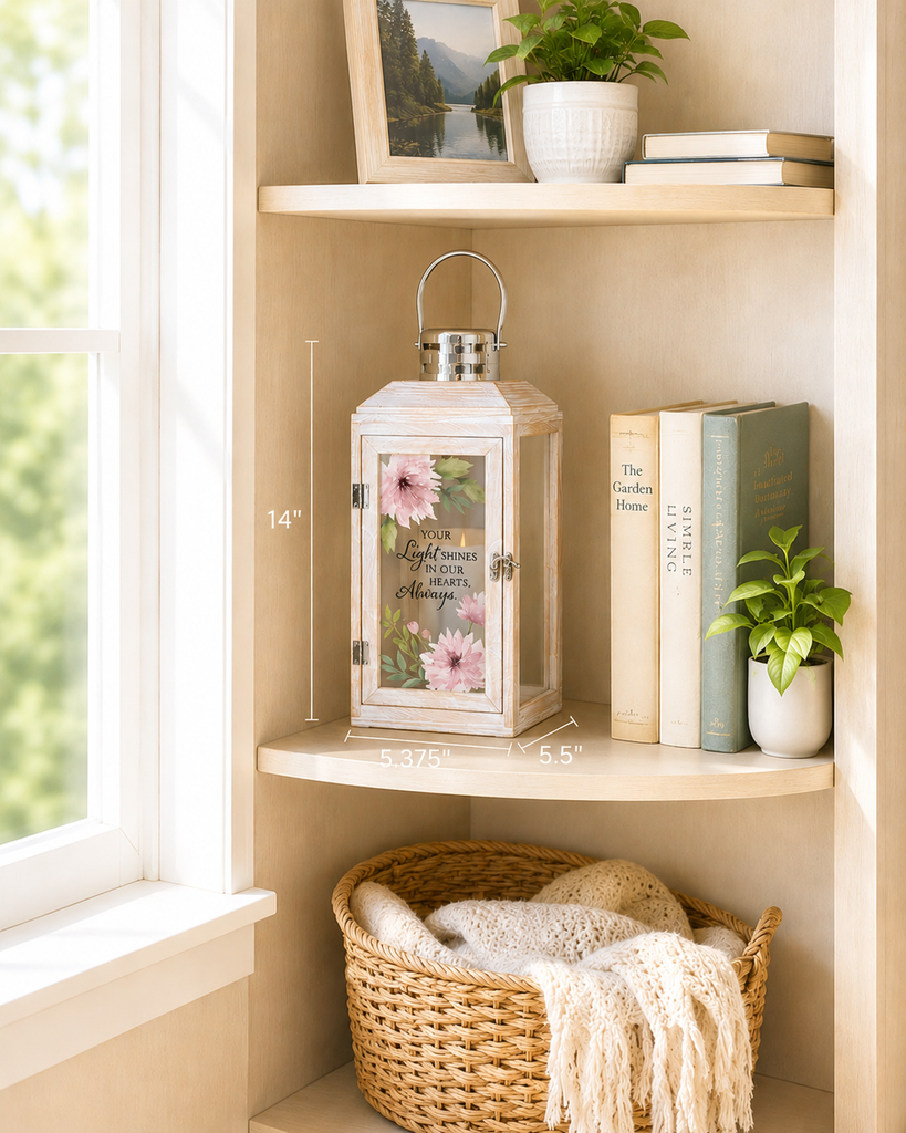 White memorial keepsake lantern with a stainless steel copper finish top and inspirational sentiment, displayed on a table in a peaceful home setting with natural sunlight and soft floral accents.