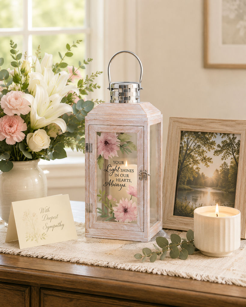 Decorative memorial lantern with inspirational quote, automatic LED timer candle, and white floral design, shown in a serene home setting as a thoughtful sympathy keepsake.