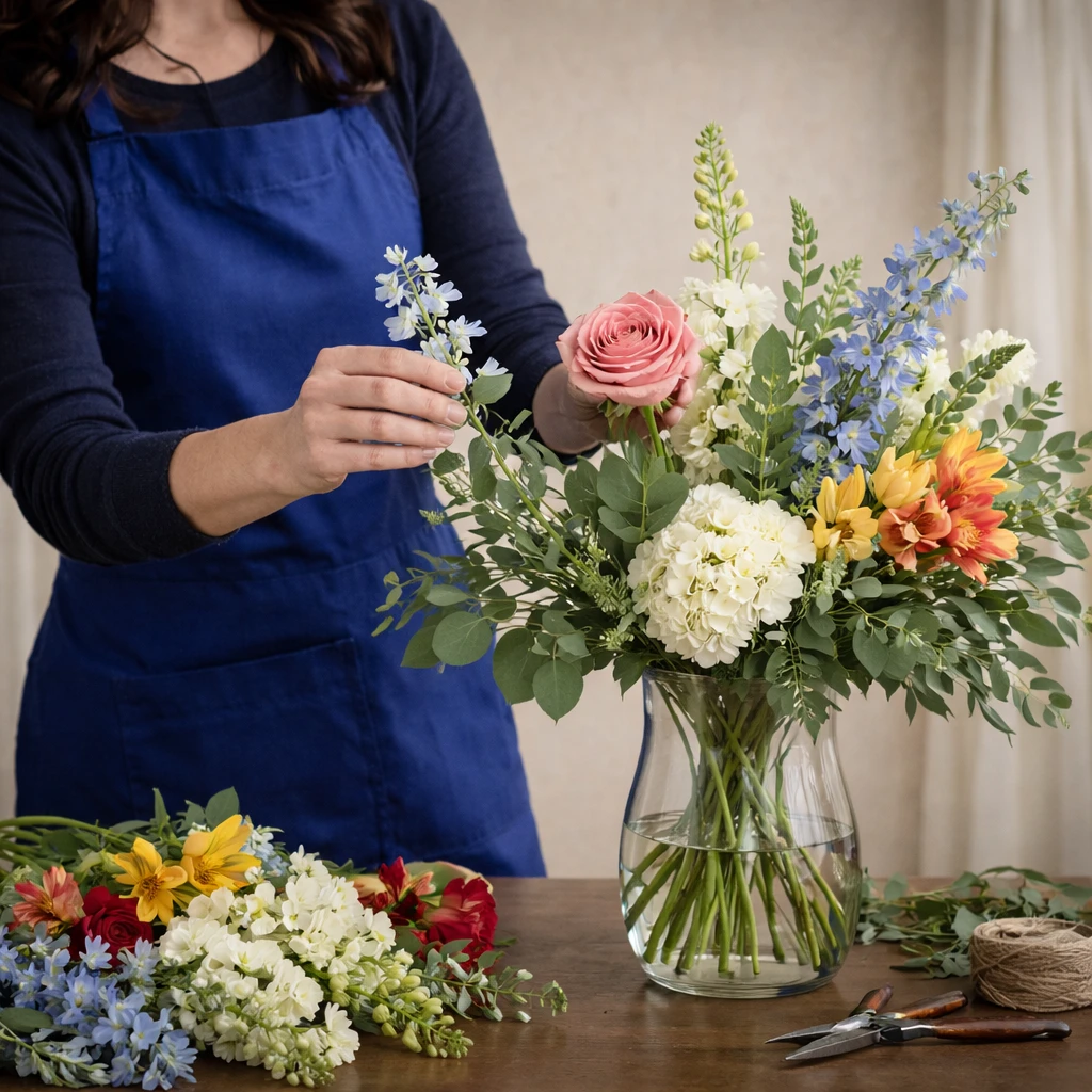 Florist designing sympathy vase arrangement with mixed flowers in progress Gilbertsville Boyertown Pottstown