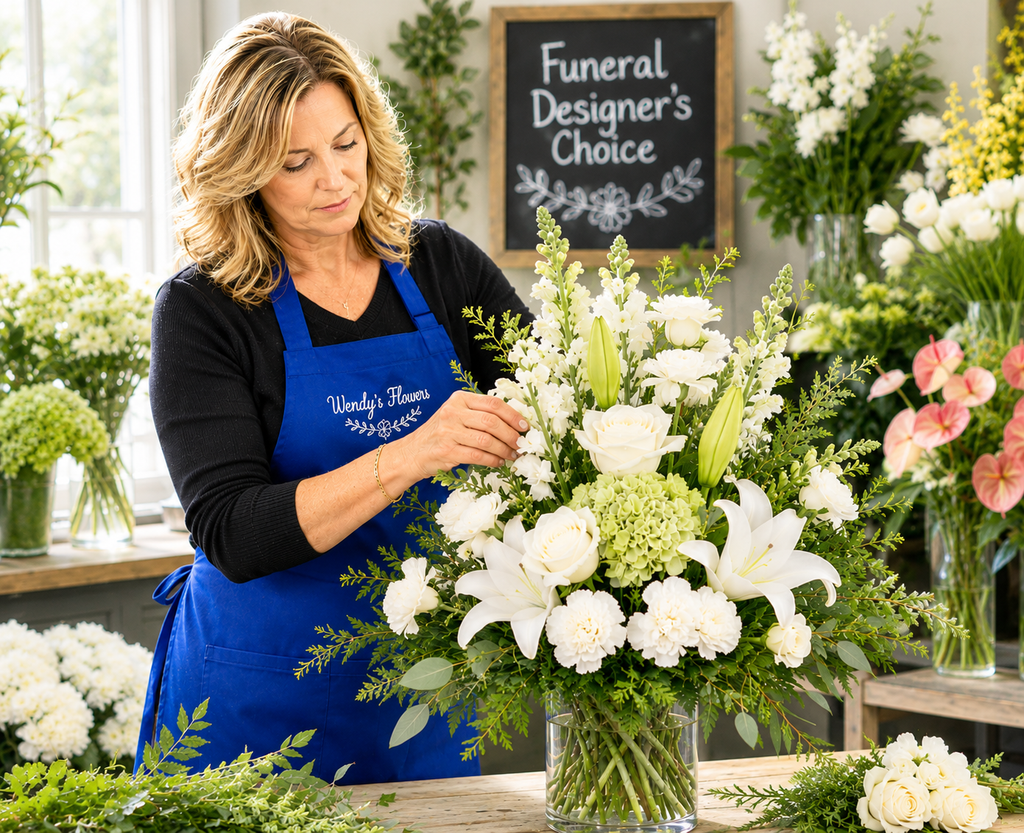 Designer Choice funeral vase arrangement created with fresh seasonal flowers for a funeral or memorial service.