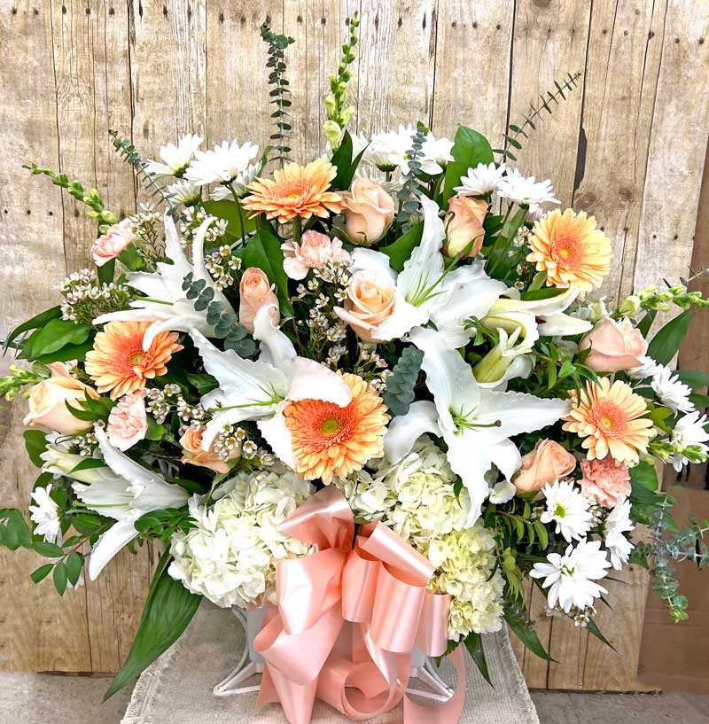 Sympathy flower basket soft pastel arrangement delivered to home Gilbertsville Boyertown Pottstown