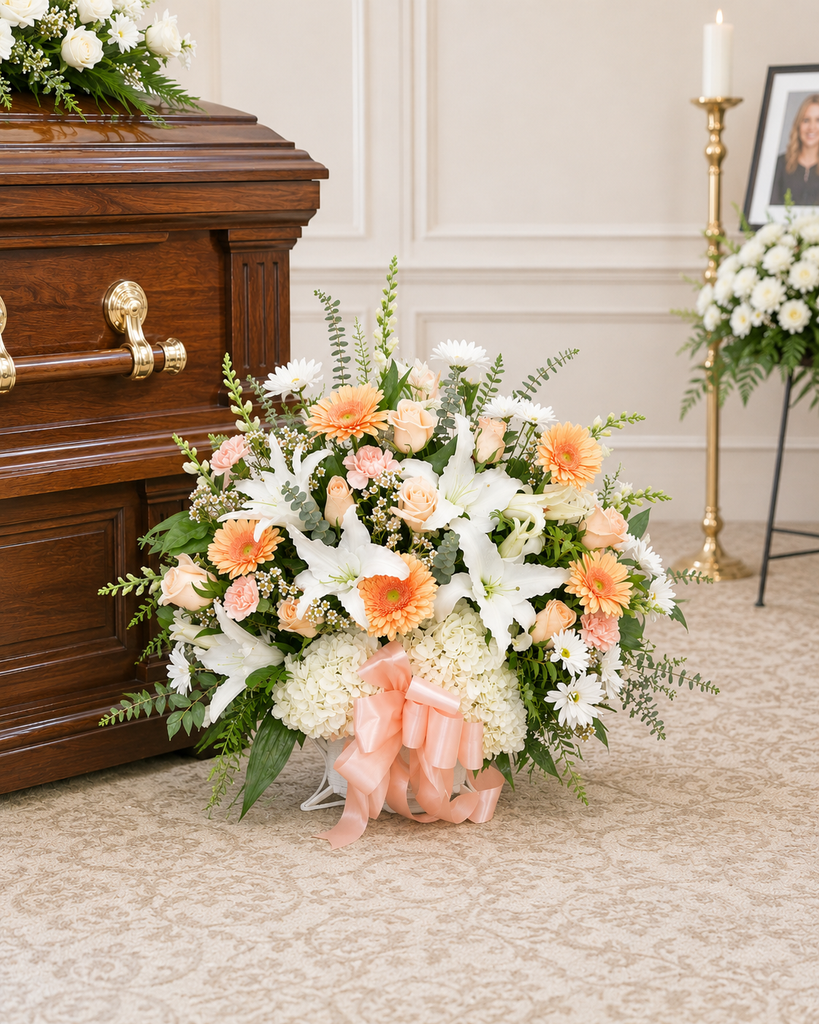 Funeral basket arrangement placed beside a casket featuring fresh seasonal flowers and greenery, custom designed by Wendy's Flowers in Gilbertsville, PA.