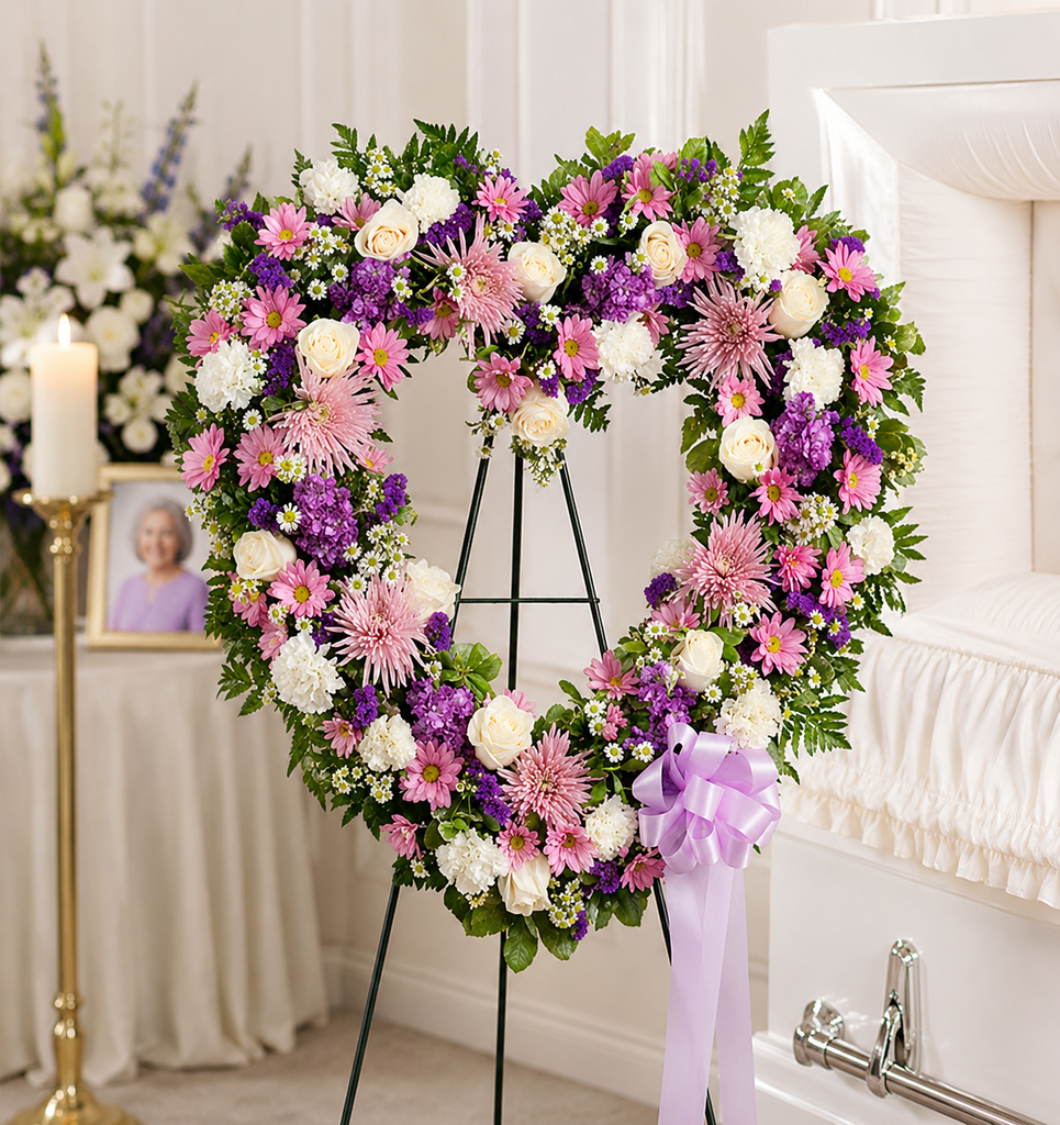 Heart-shaped funeral wreath with pink, lavender, and white flowers displayed at a memorial service in Gilbertsville, P
