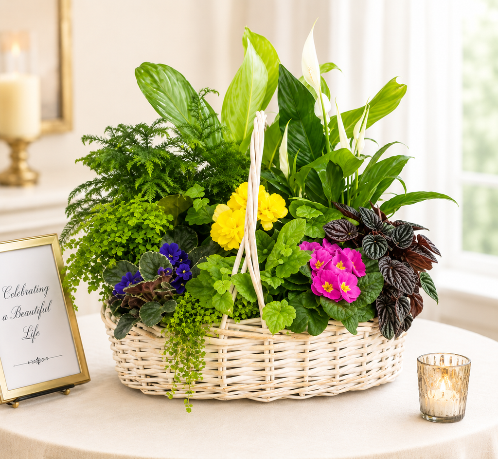 Grande European dish garden basket with assorted green and blooming plants for sympathy occasions